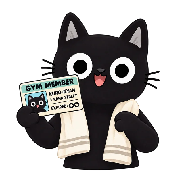 Kuro-nyan proudly holds a lifetime gym membership card