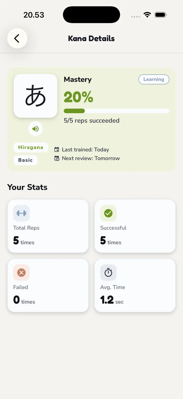 Kana detail: あ has 20% mastery and its next review is tomorrow