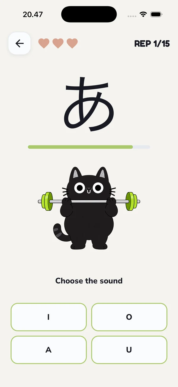 KanaGym training: choose the sound for あ while Kuro-nyan lifts a barbell